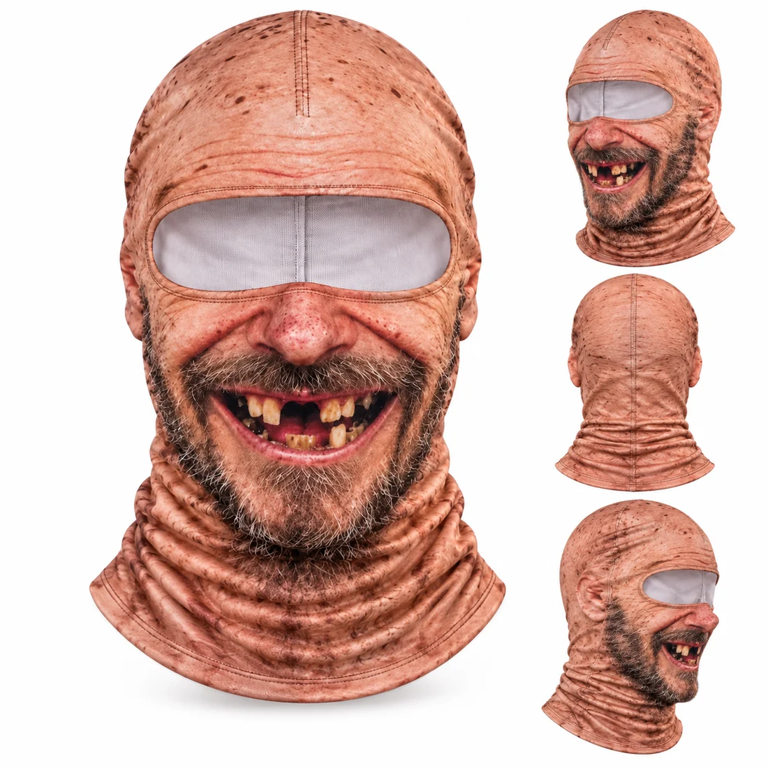 Two Teeth Tony face-print balaclava with a gap-toothed grin, shown from the front, side and back