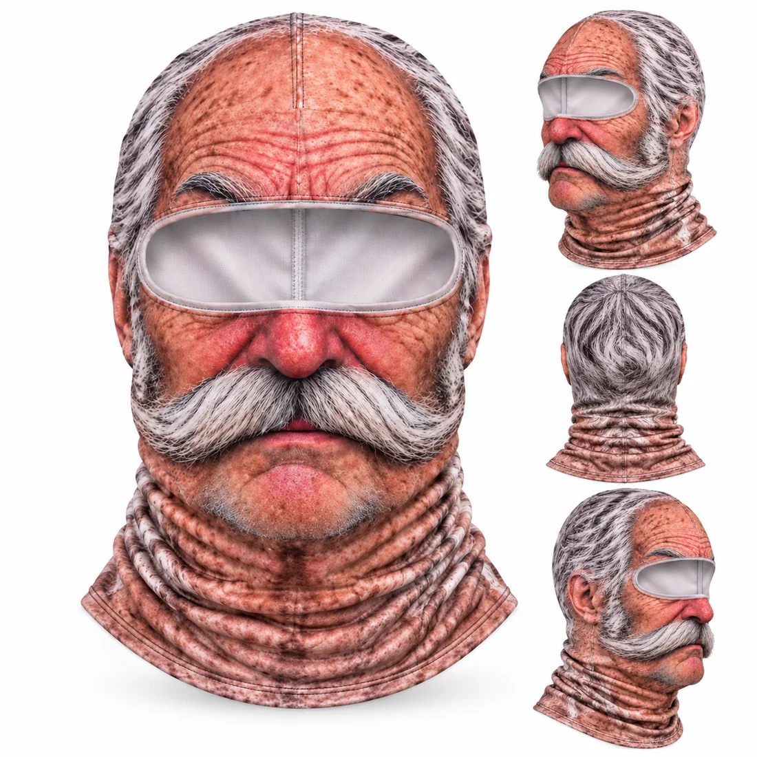 Old Man Winter face-print balaclava with a white moustache, shown from the front, side and back